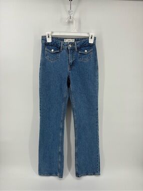 Mango Blue High-Rise Flared Jeans Front Flap Pockets